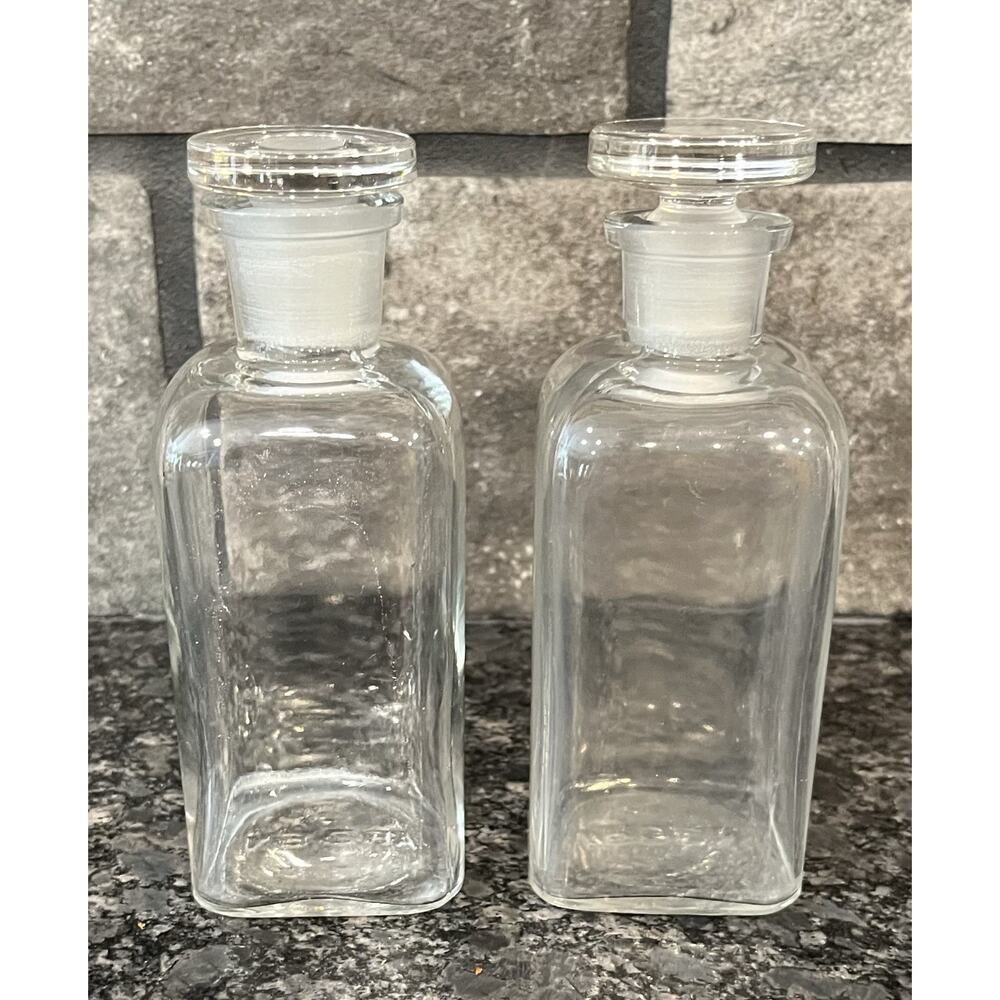 2 Vtg Antique ARDEN Clear Glass Square Apothecary Jar Ground Glass Lid 6" Tall